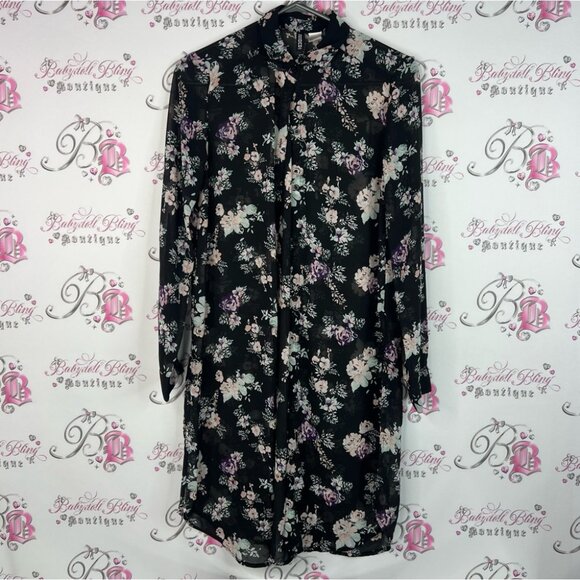 H&M divided flowers button up long sheer lightweight Black Floral Dress - Picture 1 of 10